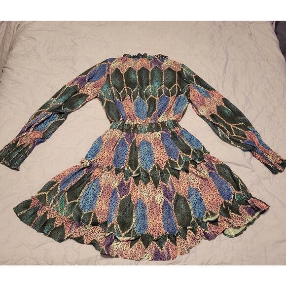 Mulla Long Sleeve Multicolor Animal Geometric Print Fit & Flare Mini Dress Small - Picture 2 of 11